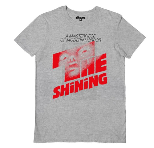 The Shining Logo Grey T-Shirt XL by Blue Dog Posters features stylized red "The Shining" text, a pixelated face, and "A MASTERPIECE OF MODERN HORROR." Official unisex merch for any modern horror fan.