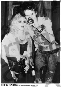 Black-and-white photo featuring a woman with curly blonde hair and a punk man holding bottles; he sings into a mic. Text below reads "SID & NANCY." Sid and Nancy Vortex 77 by MUS 204—perfect for any music collection.
