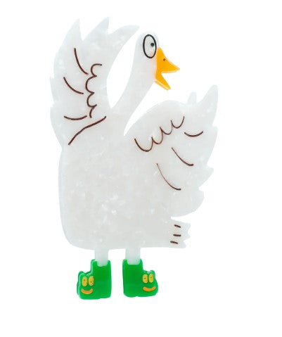 A cartoon-style white swan with raised wings, open beak, and bright green boots with yellow accents, inspired by the playful charm of the Silly Goose Hair Claw from Blue Dog Posters.