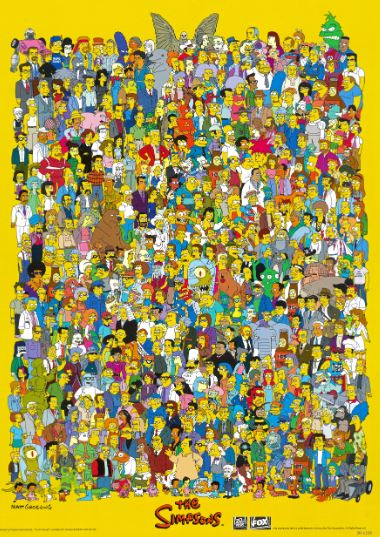The Simpsons Cast A3 poster by Blue Dog Posters displays hundreds of characters from the show on a bright yellow background, all tightly grouped, with the title at the bottom. Printed on satin paper.