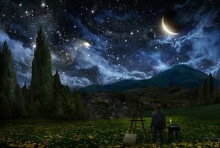 A person stands in a moonlit field with an easel, gazing at a starry sky—tall trees and mountains add to the dream. "Starry Night Perspective" by ART 017 is perfect as a stunning Art Poster on premium gloss paper.