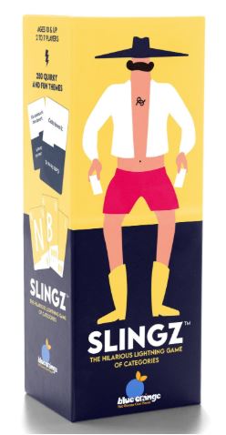 A rectangular Slingz game box by Blue Dog Posters features an illustrated character in a hat, open shirt, shorts, and boots holding two cards. The text promotes it as a lightning-fast real-time party game of categories.