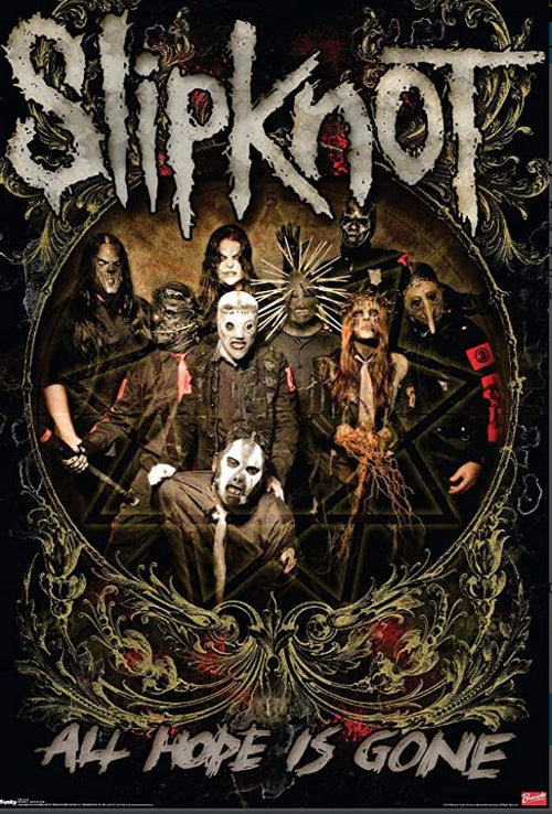 The MUS Slipknot - All Hope is Gone poster showcases the band in bold masks and attire, with their name above and "All Hope Is Gone" below—ideal for any music collection.