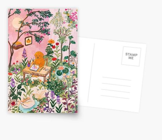 A Small Room by Mosla Postcard from Blue Dog Posters features a charming brown dog at a desk, writing on colorful stationery in a lively garden with flowers and a white bird under a pink sky—ideal for any postcard collection.