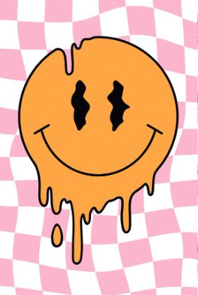 The Trippy Smiley Face by ALT 063 features an orange, melting smiley with black eyes dripping on a pink and white checkered background. Part of the Life & Humour Collection, this Large Regular Poster is printed on 150gsm gloss paper.