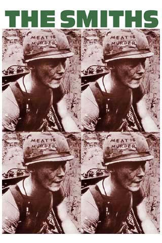 An album cover featuring a repeated sepia-toned image of a soldier wearing a helmet with the words "MEAT IS MURDER" written on it. The title "THE SMITHS" is displayed at the top in bold green letters. This iconic design could be transformed into a striking *The Smiths Meat is Murder* on premium 150gsm gloss paper by *MUS 160*.