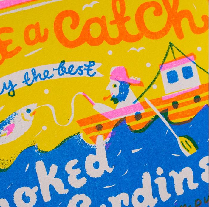 You're a Catch A4 Print by Printed Peanut from Blue Dog Posters features a vibrant risograph illustration of a bearded person in a pink hat fishing from an orange-yellow boat, with playful fonts and eco-friendly inks.
