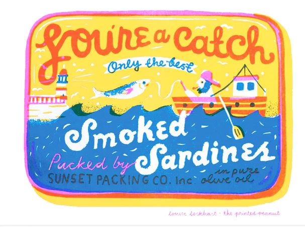 A vibrant A4 print titled "You're a Catch" by Printed Peanut from Blue Dog Posters features handmade artwork of a fish, lighthouse, and fishing boat, brought to life with eco-friendly inks.