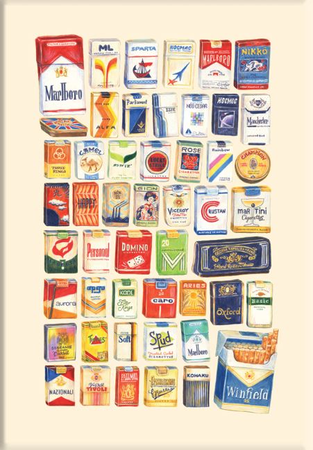 Part of fap's Featured Artists Collection, "50 Up: Cigarettes by Amy Blue" is an art print featuring vintage cigarette packs in a grid on a light background, highlighting colorful packaging, logos, and varied brand names.