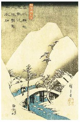 Landscape in Snow by Hiroshige from ART 085 features a tranquil snowy scene with mountains, river, trees, bridge, and Japanese calligraphy—ideal for Large Regular Posters or any art & decor collection.