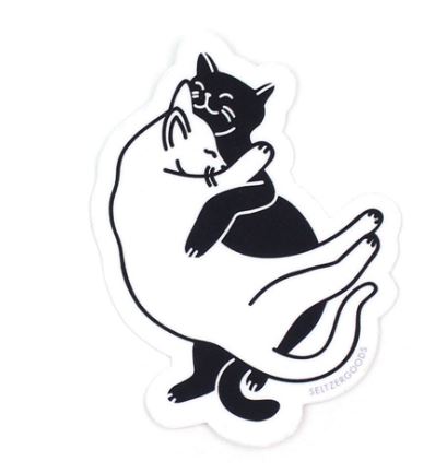 Snuggle Cats Vinyl Single Sticker by Blue Dog Posters features a minimal-line black and white cat hugging with happy expressions. This water-resistant sticker is perfect for laptops and has no background.
