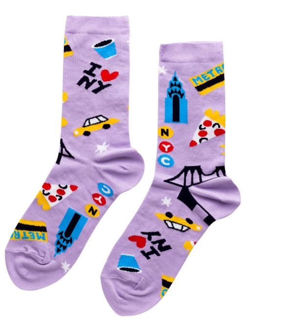 Blue Dog Posters' New York Womens Socks are purple cotton crew socks featuring NYC icons like yellow taxis, pizza, the Chrysler Building, Brooklyn Bridge, "I ♥ NY", subway signs, and coffee cups—comfortable and durable for everyday wear.