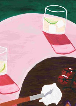 Soda & Lime by Vanessa Franklin, from Blue Dog Posters, features a pink table with two lime-garnished drinks, a knife with cream, and tomatoes clustered on a dark surface.