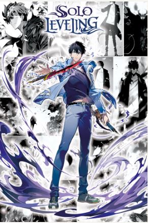 The MTV 074 "Solo Leveling" Anime Poster showcases a young man with dark hair and a sword, confidently standing amid swirling purple and black energy, with the title above and monochrome character images in the background.