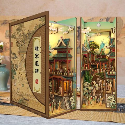The Blue Dog Posters Song Dynasty Large Book Nook Tonecheer is a detailed, colorful 3D pop-up kit featuring traditional Chinese architecture, robed figures, trees, and buildings set against calligraphy-themed art.