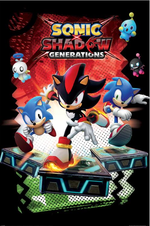 GAM 041’s Sonic The Hedgehog (Shadow Generations) poster showcases Shadow centered between two Sonics on futuristic platforms with floating creatures—an ideal addition to any gaming collection.