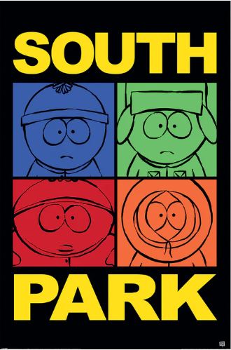 The South Park (Colour Block Characters) Premium Gloss Poster by MTV 133 features bold yellow “SOUTH PARK” text and four unique cartoon characters in colored squares, each with winter hats, on a sleek black background—the ideal TV show poster.