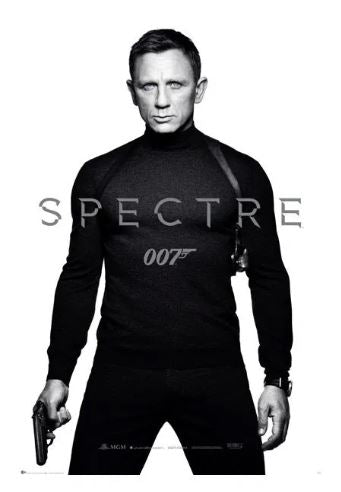 MTV 265’s James Bond Spectre Teaser: A monochrome poster of a serious man in a black turtleneck holding a gun, featuring the prominent “SPECTRE” title and “007” logo—a striking classic film artwork.
