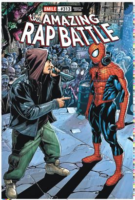 A rapper in a hoodie faces Spider-Man on a lively street in the Eminem Spiderman Rap Battle humour poster by ALT 060, part of the Life & Humour Collection, with "The Amazing Rap Battle" comic-style cover featured at the top.