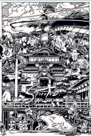 The MTV 341 "Spirited Away Black and White" poster features detailed characters and scenes in a dense composition—perfect for Studio Ghibli fans seeking a striking, large-format print on premium gloss paper.