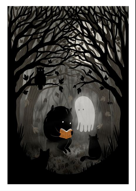 A Quiet Spooky Spot by Littleclyde is a shadowy A3 print from Blue Dog Posters, featuring a black creature reading a glowing book in a dark forest, surrounded by a ghost, two black cats, an owl, and a spider.
