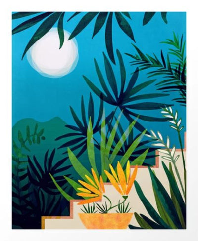 The "Spooky Jungle Night Scene by Modern Tropical" from GAL132 features a modern tropical illustration with a full moon, blue sky, lush green foliage, and silhouettes of distant mountains. A staircase on the right is adorned with potted plants with yellow leaves, creating an abstract and captivating plant landscape.