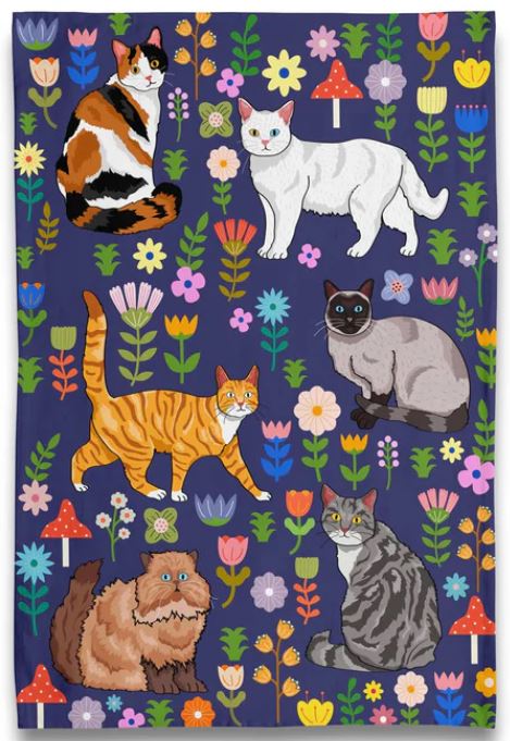 Blue Dog Posters’ Spring Kitty Cats Tea Towel features six unique cats—including orange, calico, Persian, and Siamese—surrounded by vibrant flowers and mushrooms on a dark blue cotton background.