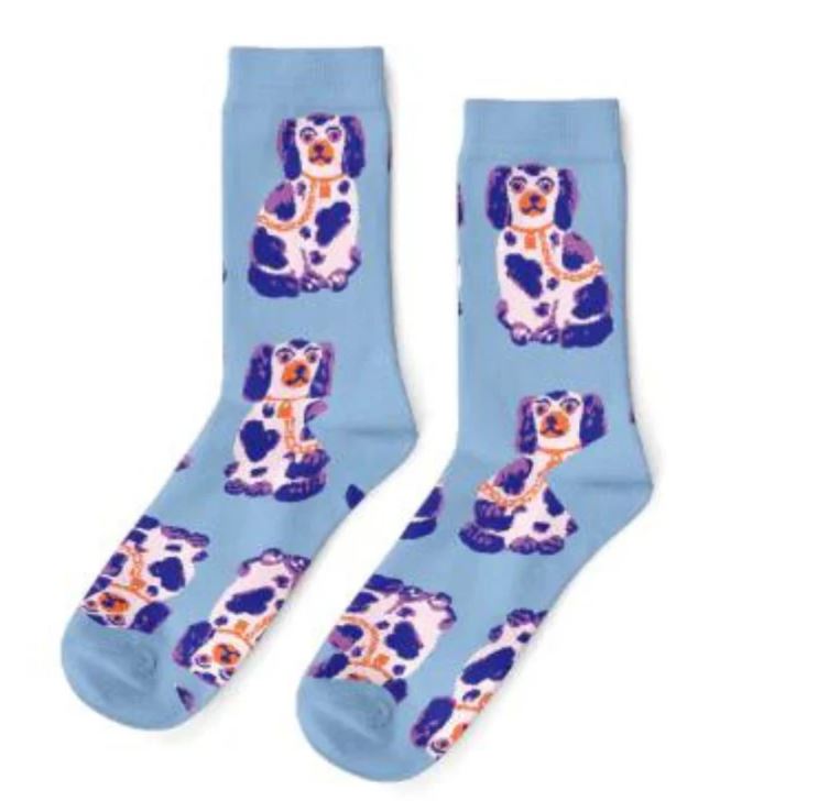 Stafford Dogs Womens Socks by Blue Dog Posters—blue cotton crew socks with a pattern of white and purple floppy-eared dogs with dark spots, evenly arranged across the fabric; perfect for any dog-loving woman.