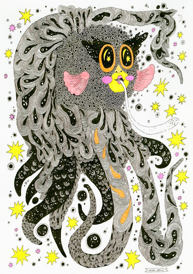 Star Eater by Helen Nehill A5 from Blue Dog Posters features a whimsical, cat-like creature with swirling gray fur and bright yellow eyes floating among colorful stars—perfect for the Little Art series or mini prints.