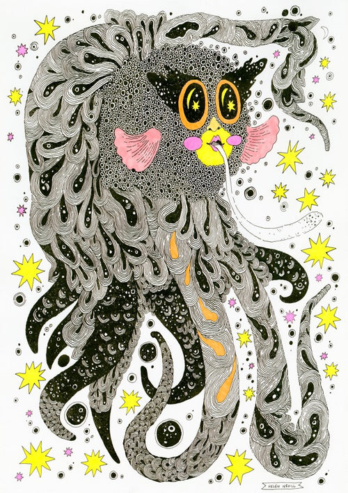 Star Eater by Helen Nehill A5 from Blue Dog Posters features a whimsical, cat-like creature with swirling gray fur and bright yellow eyes floating among colorful stars—perfect for the Little Art series or mini prints.