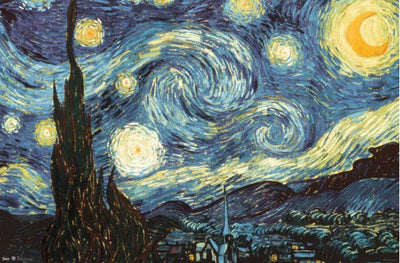 Van Gogh's "The Starry Night," available as MEZ's Starry Night on premium 150gsm gloss paper, depicts a swirling night sky filled with bright stars over a quiet town. The dynamic patterns and vibrant blues and yellows create movement against the dark cypress tree and small church.