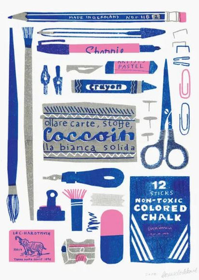 Illustration showcasing an array of art supplies such as pens, pencils, crayons, and brushes arranged meticulously on a recycled white card. Each item is labeled in a vintage style. This Stationery Riso Print by Printed Peanut from Blue Dog Posters captures vibrant colors using eco-friendly inks, adding a charming and sustainable appeal.