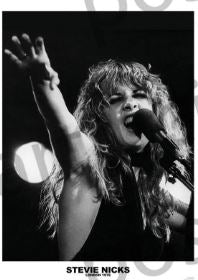 Black-and-white photo poster of Stevie Nicks of Fleetwood Mac by MUS 108, showing her singing passionately on stage with long wavy hair and a sleeveless top—an iconic piece for any music collection.