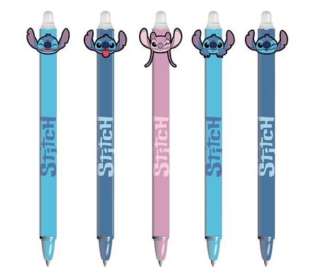 Set of five Lilo and Stitch Assorted Erasable Gel Pens by Blue Dog Posters, each topped with a cute "Stitch" head in blue or pink designs—featuring different ear positions and playful expressions.