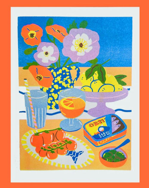 Still life 3 Riso Print by Naomi Wilkinson Illustration from Blue Dog Posters features a vibrant table with tomatoes, sardines, olives, drinks, and flowers in bright colors with an orange border, evoking the charm of a Risograph print.
