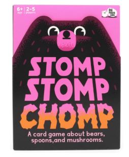 The image shows the box cover of "Stomp Stomp Chomp" by Blue Dog Posters, featuring bears with paw prints. Text below reads: "A card game about bears, spoons, and mushrooms." For ages 6+, 2-5 players.
