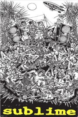 Black-and-white illustration of a wild crowd dancing around a DJ setup, palm trees, sun, and a blimp overhead. "Sublime - Long Beach Cali" is in bold yellow at the bottom. A MUS 361 collectible—ideal for any music or rock poster collection.
