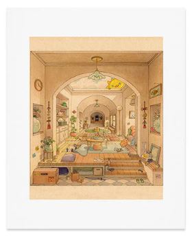 “Sunny Day Blues” by Felicia Chiao from GAL14 features cozy, whimsical scenes with soft lighting and charming characters—ideal as archival paper art prints with gallery-quality ink.