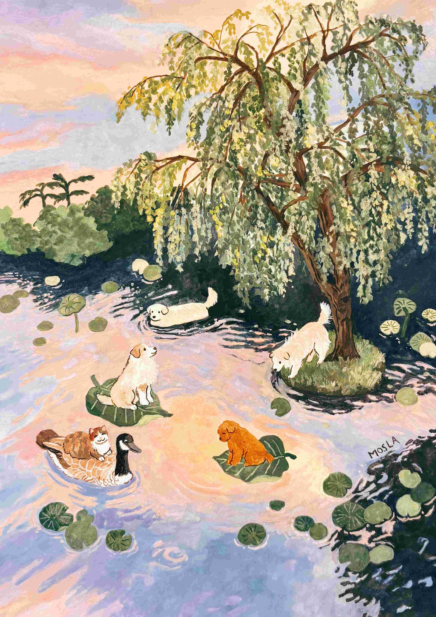 Sunset Theatre by Mosla from GAL13 is a playful art print showing dogs and a cat on lily pads near a willow tree with a goose nearby, set against a pastel sky. Printed on premium matte paper for vibrant color.