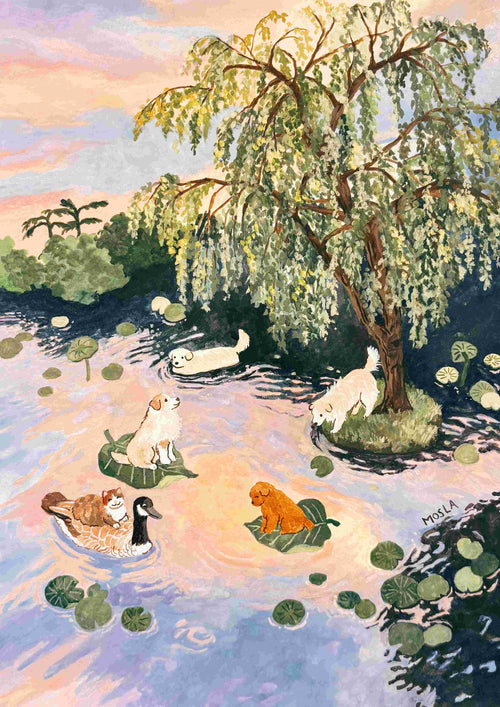 Sunset Theatre by Mosla from GAL13 is a playful art print showing dogs and a cat on lily pads near a willow tree with a goose nearby, set against a pastel sky. Printed on premium matte paper for vibrant color.
