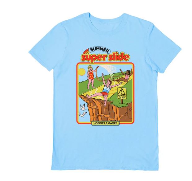 The Blue Dog Posters Summer Super Slide T-Shirt in light blue (XL) features premium cotton and a retro Steven Rhodes graphic of kids sliding off a cliff, with "SUMMER SUPER SLIDE," "Caution Cliff" sign, and "HOBBIES & GAMES" text.