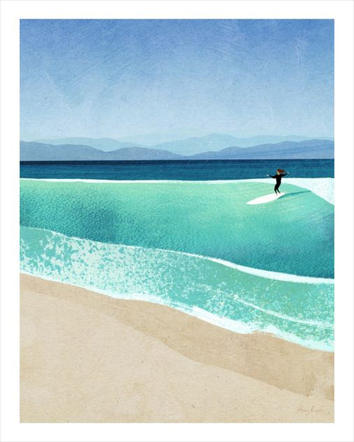 Surf Girl IV by Henry Rivers (GAL210C) features a lone surfer on a turquoise wave, sandy beach in front, and calm blue mountains under a clear sky—captured on premium quality art paper.