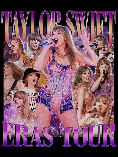 A collage of Taylor Swift performing on stage, showcasing her various outfits and iconic moments from the "Eras Tour," with a central image of her in a purple sparkly bodysuit. The backdrop features a blend of vibrant colors and lighting effects. This artwork is printed on 42 x 55.7 cm semi-gloss poster paper (185 gsm). The text reads "Taylor Swift The Eras Tour." This product, named "Taylor Swift The Eras Tour PURPLE," is brought to you by Blue Dog Posters.