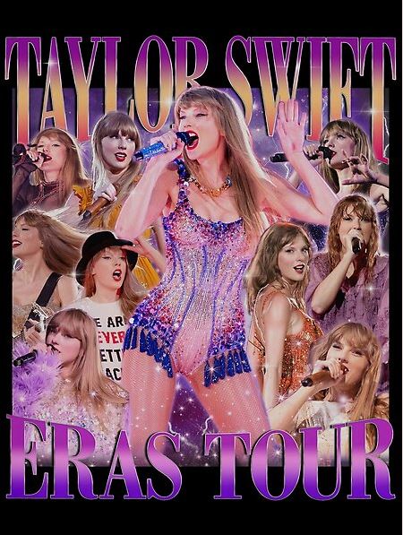 A collage of Taylor Swift performing on stage, showcasing her various outfits and iconic moments from the "Eras Tour," with a central image of her in a purple sparkly bodysuit. The backdrop features a blend of vibrant colors and lighting effects. This artwork is printed on 42 x 55.7 cm semi-gloss poster paper (185 gsm). The text reads "Taylor Swift The Eras Tour." This product, named "Taylor Swift The Eras Tour PURPLE," is brought to you by Blue Dog Posters.