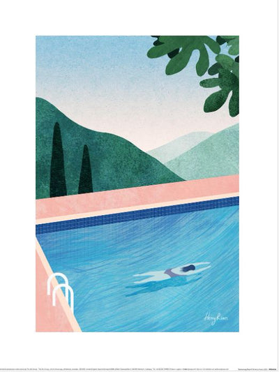 The "Henry Rivers (Swimming Pool II)" print by GAL210 depicts a serene pool scene with a ladder, mountains, and lush greenery. Under a clear sky, large-leaved trees overhang. As part of the Decor Series Collection, it’s printed on premium matte art paper for an elegant touch.