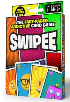 Brightly colored "Swipee" card game box by Blue Dog Posters, showing lively emoji faces and a robot. For ages 5+, this fast-paced family game boosts quick thinking and strategy—great fun for kids and families!.