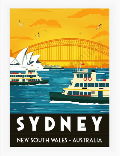 Premium art print "Sydney Opera House by Art of Adventure" from GAL75, featuring ferries, the Opera House, and Harbour Bridge at sunset. Text: “Sydney, New South Wales, Australia.”.