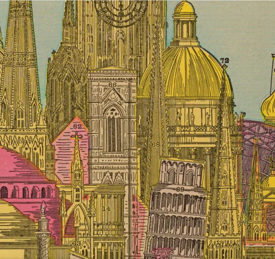 High Buildings Poster Wrap by Blue Dog Posters features an intricate and colorful illustration of famous architectural landmarks, including the Leaning Tower of Pisa, the Cologne Cathedral, and St. Paul's Cathedral. Ideal as a poster or decorative paper, this artwork elegantly depicts these landmarks closely together, creating a collage of structural marvels.