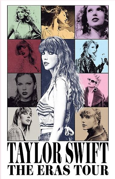 A Taylor Swift The Eras Tour White collage poster, sized at 42cm x 59.4cm, featuring nine images from various stages of her career. The central image captures her in a striped top, encircled by eight other photos with different color tones and styles. Printed by Blue Dog Posters on semi-gloss paper, the text at the bottom reads "Taylor Swift The Eras Tour.