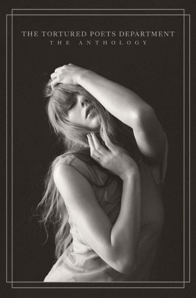 A black and white photo of a woman with long hair posing with arms crossed above her head. The Taylor Swift The Anthology Tortured Poets poster by MUS 042 is printed on premium 150gsm gloss paper.